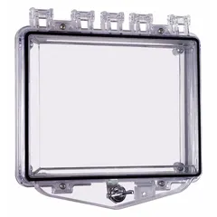 Clear polycarbonate wall fixture guard for annunciators, rated NEMA 3R for outdoor use. Water resistant, flush mount design with included hardware. Overall dimensions: 5 7/16 in length, 2 1/8 in depth. Protects against vandalism and accidental damage.