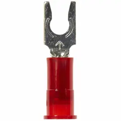 Nylon insulated locking fork terminal for #6 stud size, accepting 22 AWG to 18 AWG wire. Rated 600 V with insulation grip barrel. Used for secure, removable connections in control panels and industrial equipment.