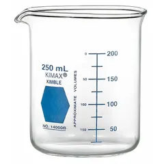 Low form glass beaker with 150 mL (5.07 fl oz) capacity, made from Type I borosilicate glass. Features a blue color coding for easy identification in laboratory settings. Suitable for mixing, heating, and measuring liquids in general lab work.