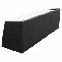 This scorer's table features a white steel tabletop and black vinyl padding. It is designed for use in sports venues for scorekeeping and official operations. Overall dimensions: 96 in length, 18 in depth, 29 in height