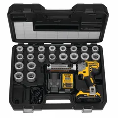 Cordless wire and cable stripper for aluminum and copper cables up to 900 kcmil. Includes 20 bushings and a charger. Suitable for stripping insulation in electrical installations.