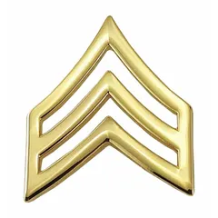 Gold metal chevron rank insignia for Sergeant (SGT), measuring 3/4 inch. Features a clutch pin attachment for secure fastening to uniform collars, lapels, or shoulder epaulets. Suitable for military, law enforcement, or uniformed service dress.