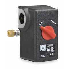 Diaphragm-actuated pressure switch for automatic control of air compressors. Features 1/4" NPT connection, standard pressure range 40-175 psi, and ON/OFF set points of 140 psi (cut-in) and 175 psi (cut-out). Suitable for industrial and commercial air systems requiring Auto/Off operation.