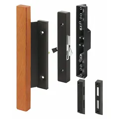 This recessed handle for sliding doors measures 11 inches in height and 1 1/16 inches in width. It provides a flush-mount locking solution commonly used in industrial and commercial settings where space efficiency and secure door control are required.