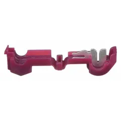 This red T tap wire connector is designed for splicing or tapping into a continuous wire run without stripping insulation. It accommodates run wire sizes from 22 AWG to 18 AWG and is rated for 600 V. Suitable for low-voltage control panels, lighting circuits, and signal wiring applications.
