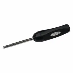 This TPMS valve core torque tool is constructed from steel and nylon, with a 5-inch overall length. It is designed to help avoid over- and under-torquing during valve core installation or removal. Commonly used in automotive tire service for precise torque application on TPMS-equipped wheels.