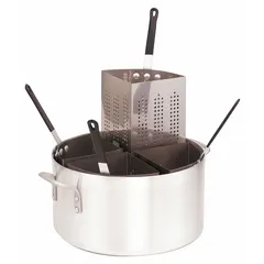 Aluminum pasta cooker with 20 qt capacity, 14 in diameter, and 4 mm gauge body. Features a riveted handle for secure grip. Suitable for boiling pasta, vegetables, or seafood in commercial foodservice settings. Lid not included.
