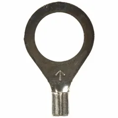 Non-insulated ring terminal rated for 1000 V with brazed barrel and seam. Accepts 12 AWG to 10 AWG wire and fits 1/2 in studs. Used for power distribution, motor connections, and grounding systems.