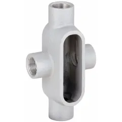 Aluminum X-type conduit outlet body with 1-1/4 in trade size and 19.5 cu in capacity. Powder-coated finish with threaded hubs and set screw hubs included. Designed for use with IMC in electrical conduit systems to provide junction points for wire pulls and direction changes.