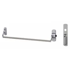 This rim-type exit device features a crossbar push bar and is designed for doors up to 44 inches wide. It includes a thumbpiece pull outside trim and a chrome finish. The device is ADA compliant, suitable for commercial egress applications requiring code-compliant operation.