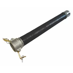 This 20-foot rubber blend material-handling hose assembly features a 4-inch inside diameter and an SBR cover, rated for 75 psi. It is equipped with 4-inch aluminum cam and groove fittings (Type C x Type E) for secure connections. Suitable for transferring bulk materials such as grains, powders, and aggregates in industrial material-handling applications.