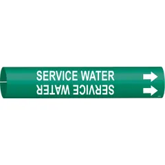Green snap-on pipe marker with white legend reading 'Service Water' and directional arrows. Fits pipe outer diameters from 2-1/2 to 3-7/8 inches. Used to identify non-potable water lines in industrial and commercial piping systems.