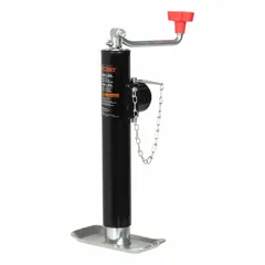This topwind trailer jack is designed for weld-on mounting to the trailer tongue. It features a 5000 lb static load capacity and a maximum lift height of 21-1/2 inches, with a jack foot plate base for stable support. Suitable for lifting and supporting trailer tongues during coupling, uncoupling, or leveling.