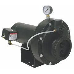 This single-phase convertible well jet pump is rated for 115/230V AC and 1-1/2 hp, delivering a maximum head of 110 ft. It features a thermoplastic construction and includes a pressure gauge; ejector is not included. Suitable for residential water supply from shallow or deep wells.