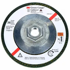 Depressed center grinding wheel for carbon and stainless steel. Ceramic grain with 36 grit for aggressive stock removal and weld blending. 7-inch diameter, 1/4-inch thickness, 5/8-11 arbor. Green Corps series.