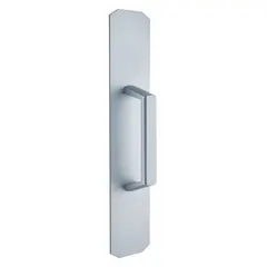 Chrome-finished dummy pull trim for exit push bars, silver in color. ADA compliant. Designed for non-latching pull operation on egress doors up to 48 inches wide. Suitable for commercial and industrial door applications.