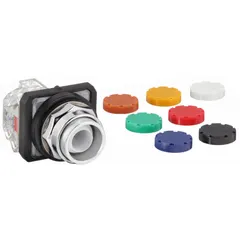 Momentary-action push button with an extended profile for 30 mm panel mounting. Metallic construction with pressure plate terminals. Provides one normally open and one normally closed contact for industrial control applications.