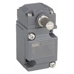 This Dayton rotary-motion limit switch features a rotary lever actuator and SPDT contacts with screw terminals. The non-metallic housing is suitable for position sensing in industrial equipment such as conveyors, packaging machinery, and automated assembly lines. Supplied without an actuator.