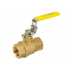 Brass ball valve with 1-1/2 in full port ball port and straight press x press connections. Features a locking lever handle for manual on/off flow control. Suitable for water, oil, and gas applications requiring minimal pressure drop.