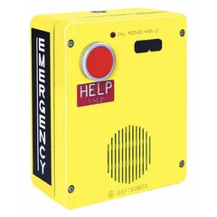 This surface-mount emergency call box is constructed of yellow aluminum for weather resistance. It features auto answer capability with standard or smart operation and includes an emergency push button. Suitable for outdoor or harsh environments requiring reliable two-way communication.