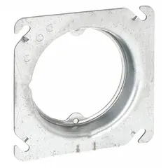 Steel plaster ring with open/raised cover design. Overall dimensions 4 by 4 inches with a 3/4 inch raised height. Used to extend an electrical box to the finished wall surface for flush device installation in drywall or plaster applications.
