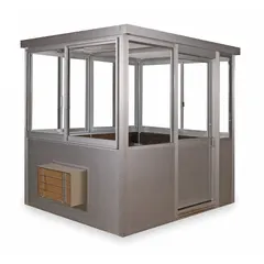 Assembled aluminum guard building measuring 8 ft x 8 ft x 8 ft. Features eight windows for 360-degree visibility and an integrated air conditioning unit. Suitable for security checkpoints, parking lots, and industrial gatehouses.