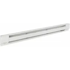 Residential-grade electric baseboard heater with conventional white housing. Operates at 120V AC with 1250W output for supplemental or primary heating in homes and small spaces. Thermostat not included. Silent convection heating without fan.