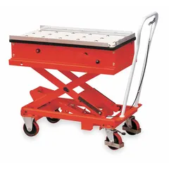This scissor-lift table is designed for positioning and lifting loads in material handling tasks. The platform measures 40 inches long by 20 inches wide and achieves a maximum lifting height of 46 7/8 inches. Typical applications include assembly lines, workstations, and warehouse operations requiring ergonomic height adjustment.