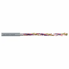 This continuous flexing data cable features 24 AWG, 5 conductors with twisted pair construction, copper conductors, and a PUR jacket. Rated 300 V, it is oil and grease resistant with an FT-1 flame rating. Bend radii are 4 x OD, 6 x OD, and 7.5 x OD. Suitable for use in cable carriers and applications requiring constant motion.