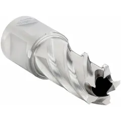 This high-speed steel annular cutter is designed for stacked drilling applications, enabling clean holes through multiple material layers without pre-drilling. It features a bright finish and a Weldon Flat shank for secure tool holding. Suitable for metal fabrication and structural steel work.