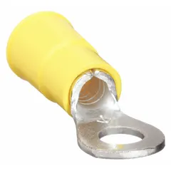 This insulated ring terminal features yellow vinyl insulation for electrical protection and strain relief. It accommodates 12 AWG to 10 AWG wire and is rated for 600 V with a #8 stud size. Suitable for permanent wiring connections in control panels, machinery, and power distribution systems.