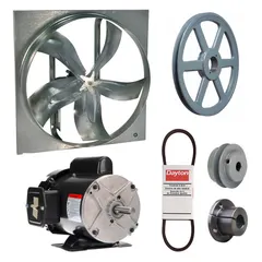 Unassembled belt-drive panel exhaust fan with drive package. Features a 24-inch blade, 1/2 hp motor, and 6,950 cfm airflow. Operates on 115/208-230V AC, single-phase power. Motor is totally enclosed fan-cooled with Class B insulation. Frame is zinc-plated steel. Supplied without intake guards. Suitable for high-volume air movement in large spaces such as factories, warehouses, and commercial facilities.