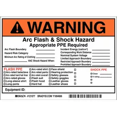 This adhesive vinyl sign warns of arc flash and shock hazards, with fields for arc flash boundary, hazard risk category, and minimum arc rating of clothing. The 5-pack of signs is 5 in x 7 in, non-retroreflective, and not glow-in-the-dark. Suitable for use on electrical panels, switchgear, and substations to communicate safety requirements.