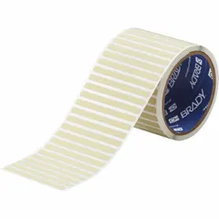 Polyimide precut label roll with permanent adhesive, yellow matte finish, 1/4 in x 1/4 in size. Compatible with Brady i5100 printer series. Used for wire marking, component labeling, and high-temperature industrial identification.