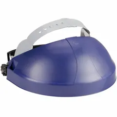 This clear polycarbonate crown is designed for use with stand-alone face shields. It features a ratchet suspension adjustment type for secure fit and a slotted attachment type for compatibility with various face shields. Suitable for industrial environments requiring impact protection.