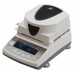 Oven-type moisture analyzer with a 120 g capacity and 0.001 g readability. Features an LCD display, PS2/RS232C/USB interfaces, and a temperature range of 0°C to 160°C. Moisture measurement repeatability of 0.010 %. Suitable for determining moisture content in solid or semi-solid samples in laboratory settings.