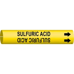 Yellow snap-on pipe marker with black legend reading 'Sulfuric Acid' and directional arrows. Fits pipe outer diameters from 1-1/2 to 2-3/8 inches. Used to identify pipes carrying sulfuric acid in industrial piping systems for safety and compliance.