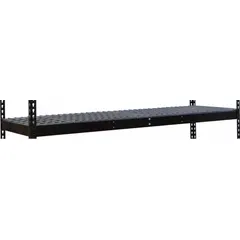 This wire decking shelf kit is designed for use with boltless shelving systems. It includes a steel frame and steel decking with a powder-coated black finish, plus two center supports. The single straight shelf configuration supports up to 620 lb of evenly distributed load. Suitable for industrial storage applications.