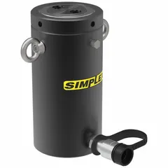 The SIMPLEX RCL506 is a general purpose lock nut ram with a nominal capacity of 55 tons and a 6 in stroke. It features a piston area of 10.99 sq in and is part of the RCL series. Typical applications include lifting and holding loads in industrial maintenance and construction tasks.
