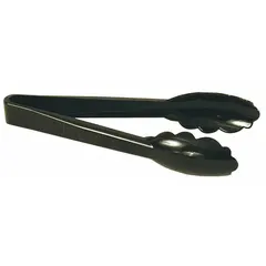 Black polycarbonate serving tongs with 12-inch overall length and 1-1/2-inch overall width. Blade material is polycarbonate. Not dishwasher safe and not NSF certified. Suitable for handling and serving food in buffet lines or food preparation areas.