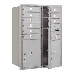 Horizontal multi-unit mailbox with 12 lockable front-access doors. Measures 41 3/8 in H x 31 1/8 in W x 16 1/2 in D. Designed for recessed mounting. Suitable for centralized mail distribution in multi-tenant residential or commercial buildings.