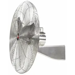 This Dayton wall-mount fan is designed for washdown environments, featuring a 20-inch blade, 115V AC, 1/16 hp motor with two speeds. The non-oscillating bracket mount provides fixed directional airflow. Suitable for ventilation and cooling in industrial settings such as factories and processing areas.