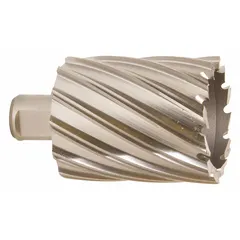 This annular cutter is made of bright high-speed steel with a Weldon Flat shank for use with magnetic drill presses. It cuts clean holes in metal for structural steel fabrication, construction, and industrial maintenance. Maximum cutting depth is 2 inches.
