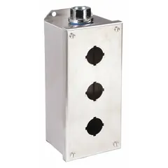 This enclosure houses three 30mm operators in industrial control stations. Constructed from 304 stainless steel, it provides protection against dust and water droplets for indoor applications. Rated NEMA 1/12/3/4/4X.