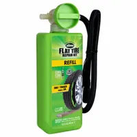 Liquid tire sealant refill cartridge in a green bottle. Designed for use with trailer tires to seal punctures and maintain tire integrity
