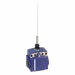 Non-metallic limit switch with a 5.19-inch cat-whisker wobble-stick actuator and screw clamp terminals. Features four mounting holes for installation. Suitable for light-touch sensing in industrial automation, such as detecting object presence or position on conveyors and packaging lines.