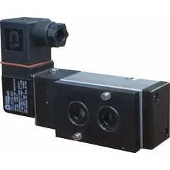 NAMUR-type single solenoid valve with DIN solenoid connector, 24V DC coil, 4 ports, and 1/4 in NPT inlet and outlet connections. Designed for direct mounting on pneumatic actuators to control compressed air flow in industrial automation applications.