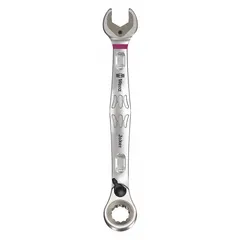 This 9/16 in SAE spline ratcheting combination wrench features an offset design for improved access to recessed fasteners. Constructed from alloy steel with a nickel chrome finish, it has an overall length of 7 1/4 in. The ratcheting mechanism allows for quick tightening and loosening in confined spaces, suitable for general mechanical and maintenance tasks.