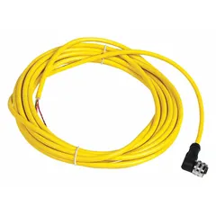 Single-ended cordset with a 1/2"-20 female right-angle connector and bare wire termination. Features 3 pins, 18 AWG wire, 5 m cable length, yellow PVC jacket, and IP65 rating. Used to connect sensors to controllers or power supplies in automation and industrial applications.