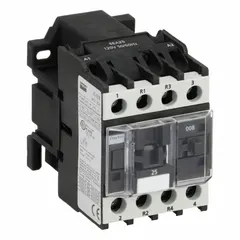 This non-reversing IEC contactor from Dayton features 4 poles with 2 normally-open and 2 normally-closed contacts, rated for 25 A with a 120V AC coil. It is used for switching motors, lighting, and other industrial loads in control panels, suitable for applications requiring separate NO and NC circuits.